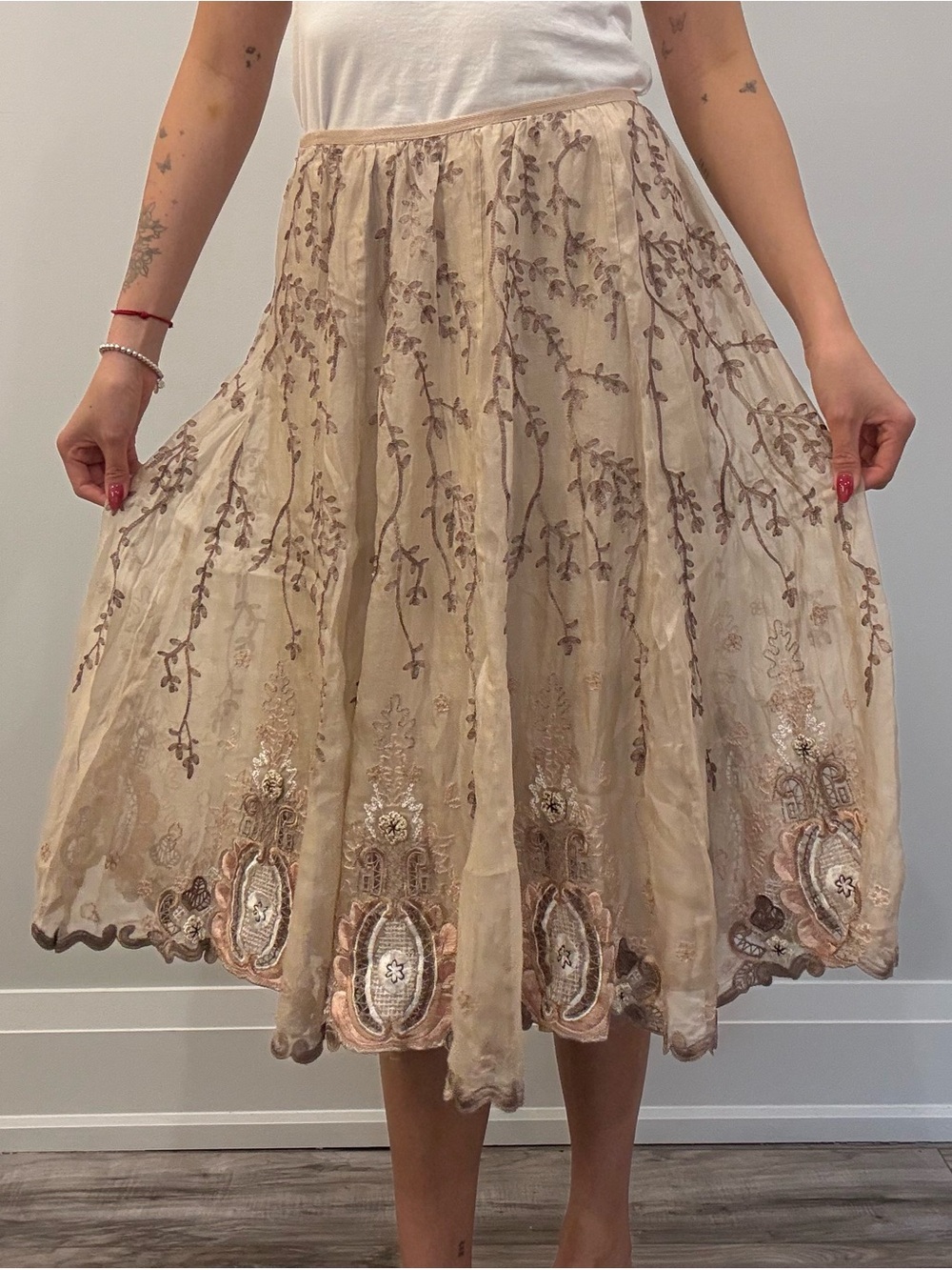 Beige Embroidered Midi Skirt